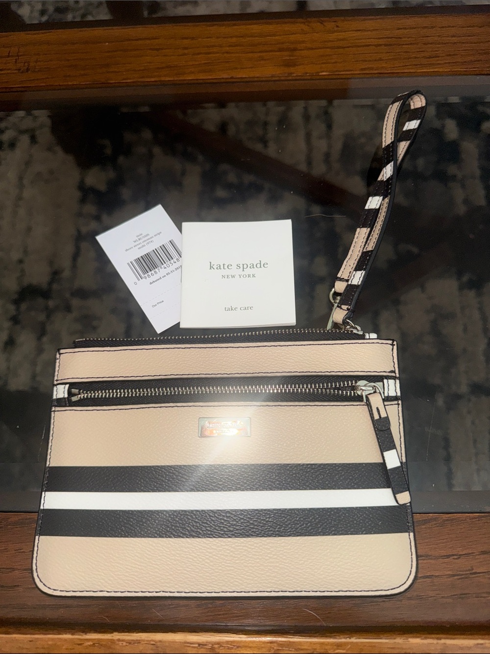kate spade Striped Wristlet in Beige, Black, White